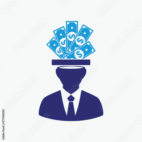 Vector illustration of a businessman with money on his head, symbolizing wealth, success, and financial gain in business and personal life