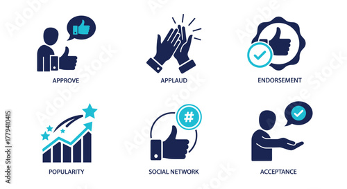 Vector illustration of illustrations depicting concepts of approval, applause, endorsement, popularity, social network, and acceptance