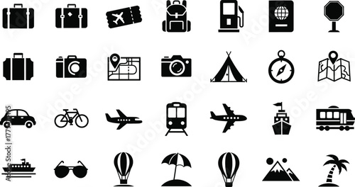 Collection of travel and vacation icons including luggage transportation and destinations isolated on transparent background
