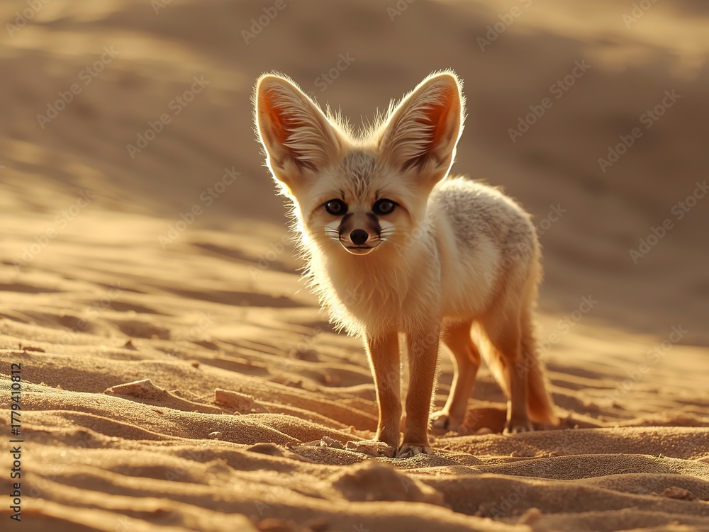 Obraz premium Adorable fennec fox standing alert in the warm desert sun, a captivating glimpse of wildlife in its natural habitat, perfect for nature documentaries and educational content