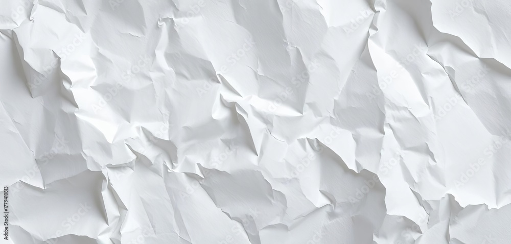 Fototapeta premium Close-up of crumpled white paper texture, showing creases and shadows, distressed, recyclable