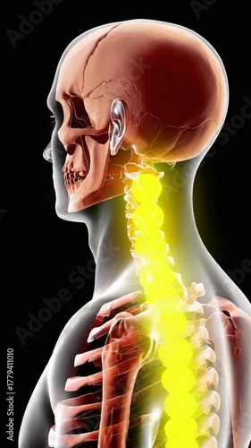 Human Skeletal Structure and Pain: A close-up view of the human skeletal structure, highlighting the neck area with a bright display to signify pain.