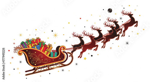 Santa's sleigh pulled by reindeer flying through the night sky delivering gifts