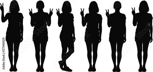 silhouette, people, vector, pose, gesture, peace, sign, hand, symbol, casual, standing, figure, black, cad, illustration