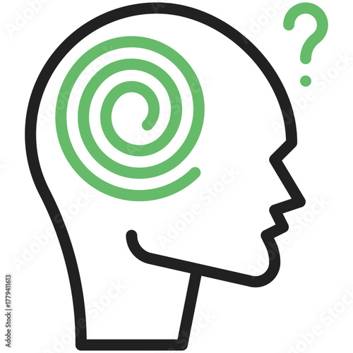 Mental Maze: Silhouette of a human head features a perplexing green spiral and a question mark, symbolizing the intricate nature of thought, confusion, and the search for answers.