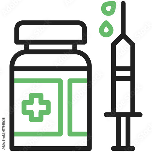 Vaccine Icon: A sterile vial and syringe are presented in a concise and impactful illustration, emphasizing health, protection, and immunity in this representation.