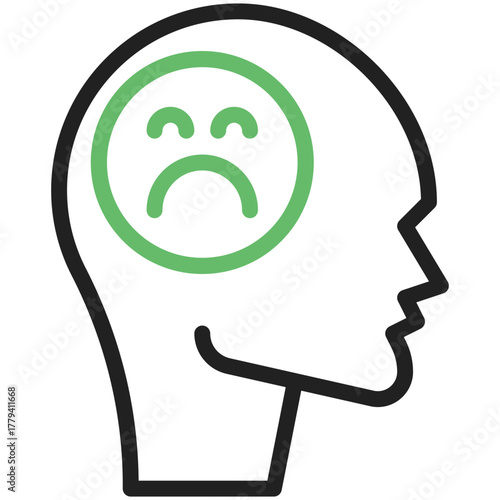 Sadness Inside: A visual representation of internal sadness, depicting a silhouette head with a prominent frown icon symbolizing emotional distress and inner turmoil.