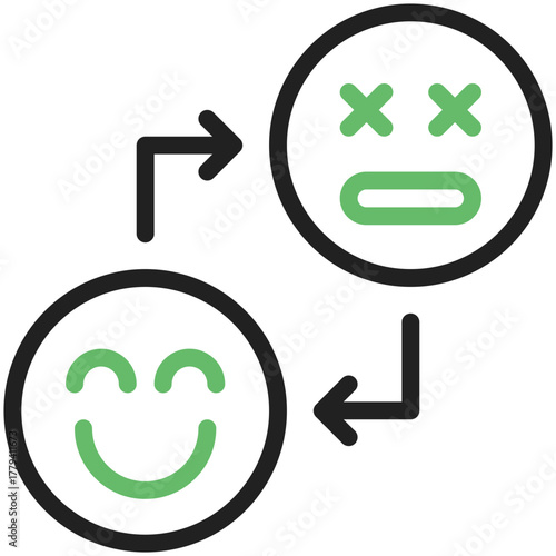 Emotional Transformation: Symbolizing a shift in emotion, the image presents a circular transition from happiness to sadness, with corresponding facial expressions and directional arrows.