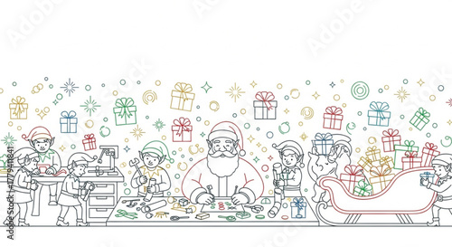 Santa and elves preparing gifts in workshop with colorful presents and decorations