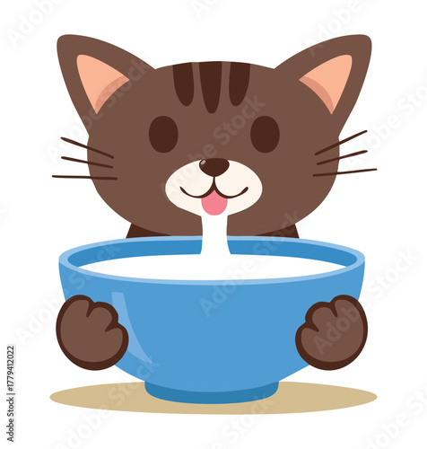 Tabby cat cartoon character drinking milk from bowl vector illustration isolated background