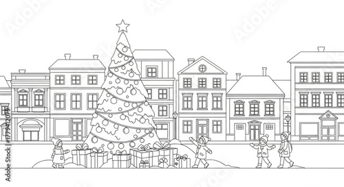 Children playing near christmas tree in town square coloring page for kids