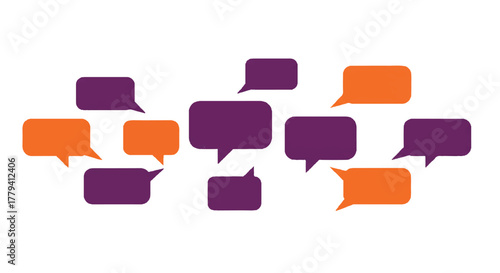 Flat 2D vector illustration of various clean, empty speech bubbles with communication tails pointing in multiple directions, isolated on a bright white background.