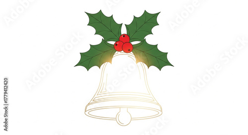 Golden christmas bell with holly berries and leaves on a white background art