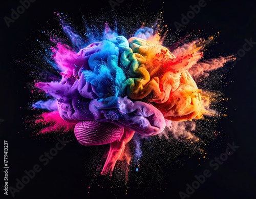Vibrant explosion of colorful powder forming a human brain concept.