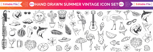 Hand-drawn beach-themed vector set with summer doodles like waves, palm trees, shells, crabs, sunglasses, and surfboards. Perfect for vacation designs, t-shirt prints, and tropical projects.