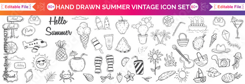 Hand-drawn beach-themed vector set with summer doodles like waves, palm trees, shells, crabs, sunglasses, and surfboards. Perfect for vacation designs, t-shirt prints, and tropical projects.