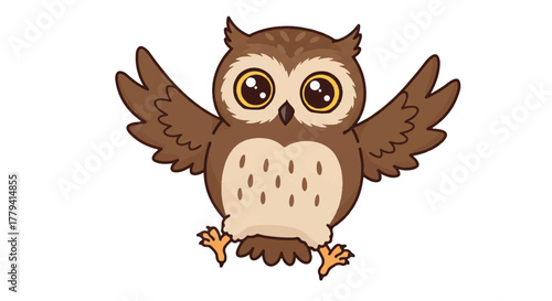 A cheerful cartoon owl is jumping high with excitement and joy, rendered in a bright, flat 2D vector illustration style on a pure white background.