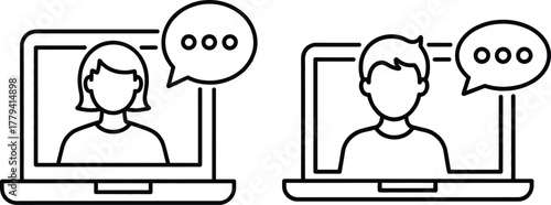 Online Video Chat Conversation on Laptop Line Icon