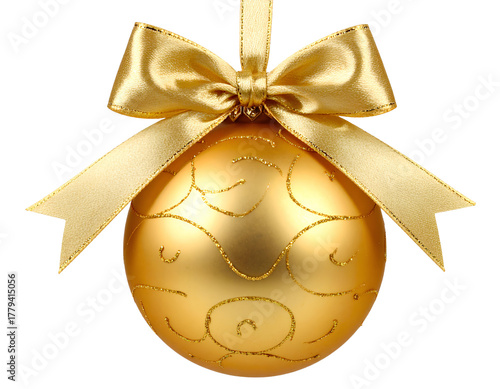 gold Christmas ball with ribbon and a bow, isolated on transparent background.