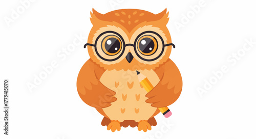 Flat 2D vector illustration of a smart cartoon owl character wearing thick black glasses and diligently holding a wooden pencil, isolated on a clean white background.