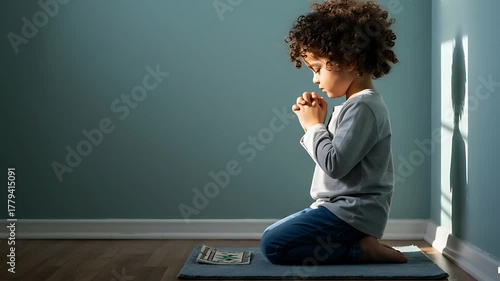 Young boy praying quietly at home, embodying faith, innocence and spiritual devotion with natural