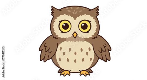 A startled and surprised owl cartoon character featuring large, wide eyes is presented as a clean 2D flat vector illustration, isolated on a clean white background.