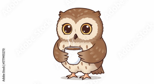 A cute flat 2D vector illustration showing a wise cartoon owl holding a steaming hot coffee cup, isolated against a clean white background, symbolizing morning routine or business intelligence.