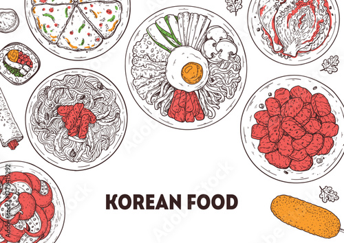 Korean food frame. Hand drawn top view Korean food dishes vector sketch illustration. Nakji bokkeum, kimbap, japchae, pajeon, bibimbap, bulgogi, kimchi, corn dog.