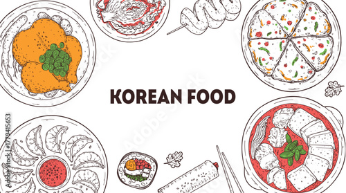 Korean food frame. Hand drawn top view Korean food dishes vector sketch illustration. Samgyetang, mandu, kimbap, jjigae, pajeon, kimchi, odeng