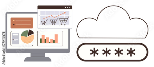 Analytics dashboard with charts, shopping cart stats, and secure cloud access with password. Ideal for e-commerce, security, data protection, analytics, technology, cloud services digital commerce