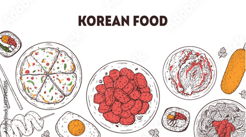 Korean food frame. Hand drawn top view Korean food dishes vector sketch illustration. Kimbap, odeng, pajeon, bulgogi, kimchi, japchae, corn dog, egg bread