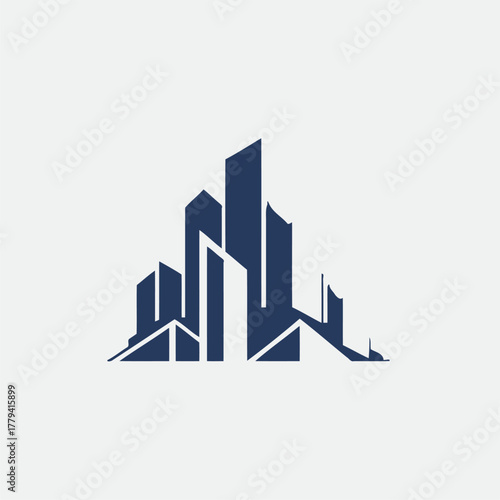 Abstract skyline silhouette featuring modern skyscrapers with geometric shapes and clean lines