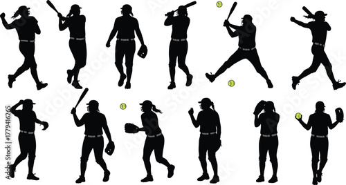 softball, silhouette, player, sport, vector, athlete, female, uniform, cap, bat, pitch, catch, field, cad, illustration