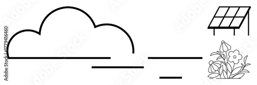 Cloud, solar panel, and blooming flowers illustrating green energy, environmental health, eco-innovation, clean power, sustainable solutions, nature preservation and climate action. Simple flat