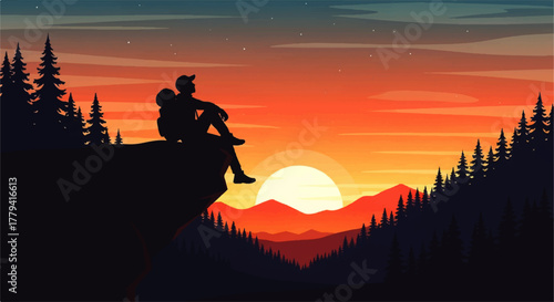 Silhouette of a hiker sitting on a cliff at sunset, enjoying the view.