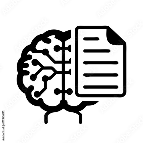 Illustration of a brain with circuit connections and a document representing data processing concept