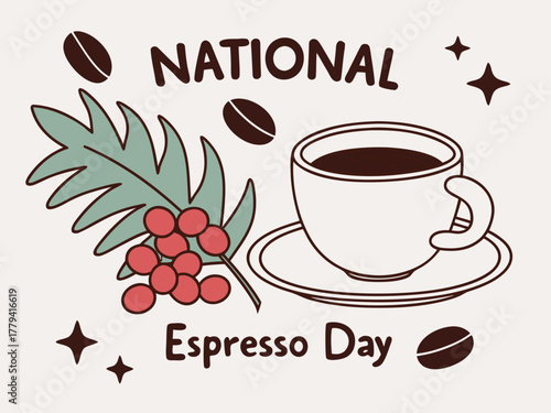Celebrating National Espresso Day with Coffee Beans Berries and a Cup of Espresso