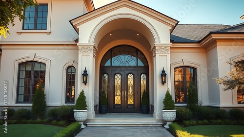 highclass. Elegant luxury home entrance with architectural details and manicured landscape in sunlight. real-estate listings.