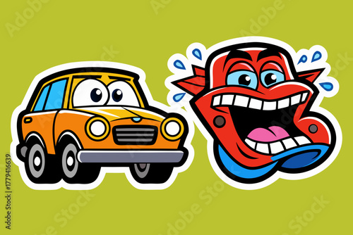 Cartoon Car and Laughing Face A Whimsical Illustration with Bright Colors and Expressive Characters