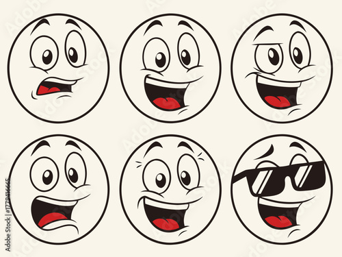 Collection of Cartoon Emoticons with Varied Expressions and Sunglasses Featuring Round Faces and Red Mouths