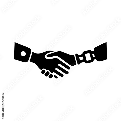 Illustration of a handshake between a human hand and a prosthetic hand in black and white style