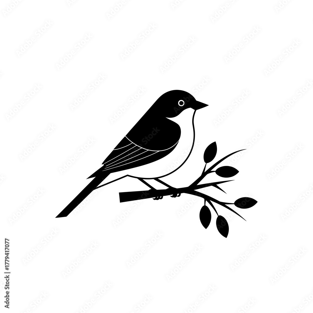Obraz premium Black and white illustration of a bird perched on a branch with leaves, showcasing nature's beauty