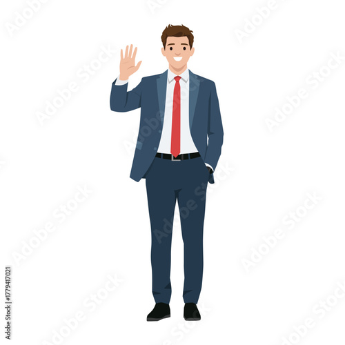 Cheerful businessman in a suit waves hello, symbolizing professionalism. Flat vector illustration isolated on white background