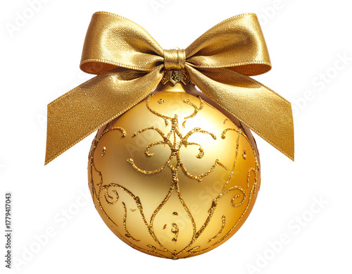 gold Christmas ball with ribbon and a bow, isolated on transparent background.
