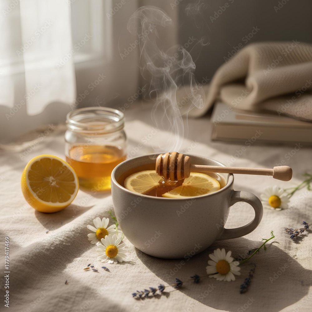 custom made wallpaper toronto digitalCup of herbal tea with honey and lemon in cozy natural light setting