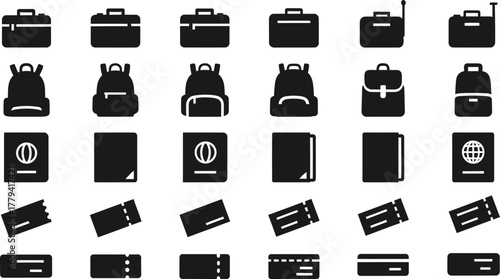 Collection of travel and luggage icons including briefcases backpacks passports and tickets isolated on transparent background