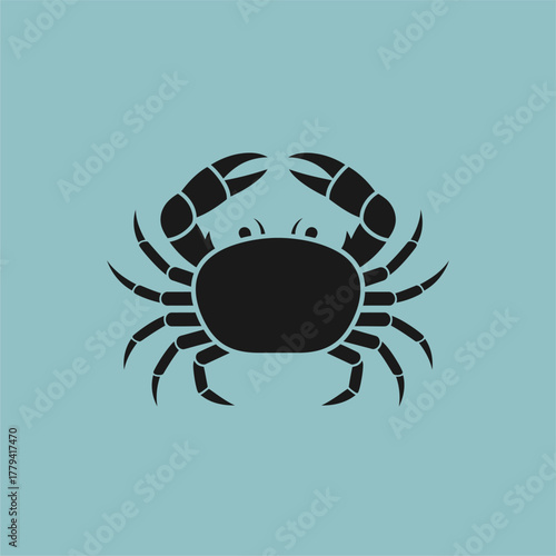 Black crab silhouette on a light blue background, showcasing its claws and body, ideal for marine themes
