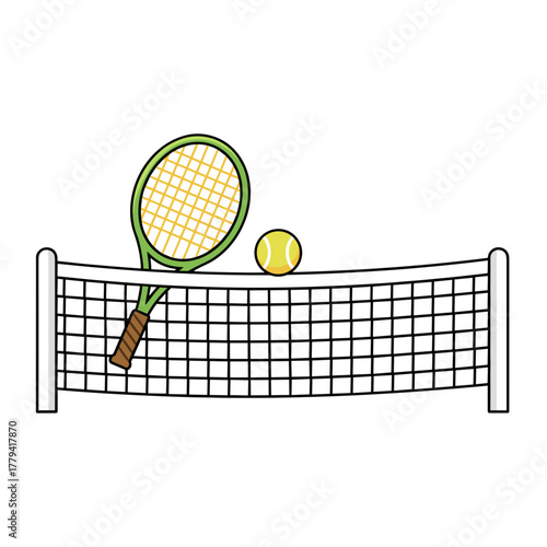 Tennis Net With Racquet and Ball on White Background Simple Flat Vector Illustration for Sports and Recreation