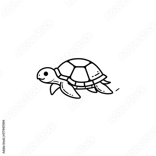 Cartoon turtle swimming gracefully in clear water, surrounded by bubbles and aquatic plants
