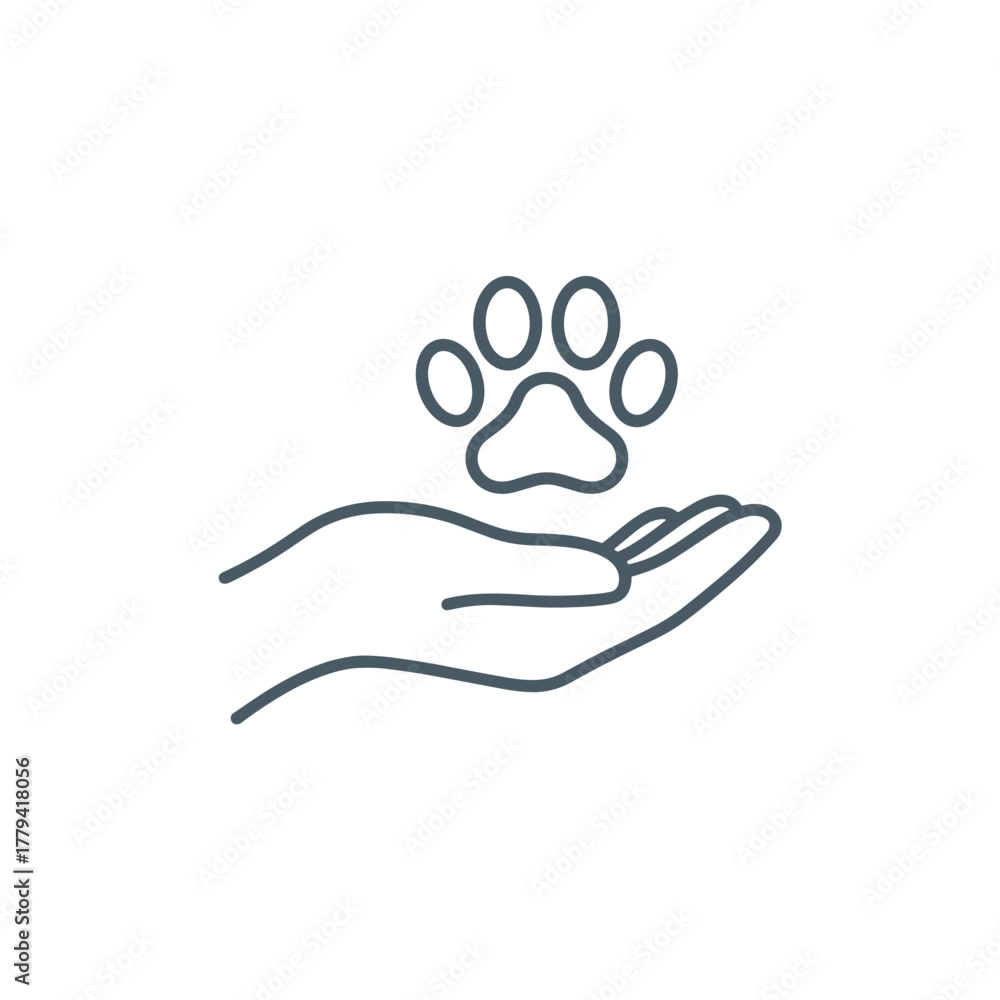 Obraz premium Simple Outline Icon of a Hand Holding a Paw Print Symbol on a White Background symbolizing Care and Support for Animals